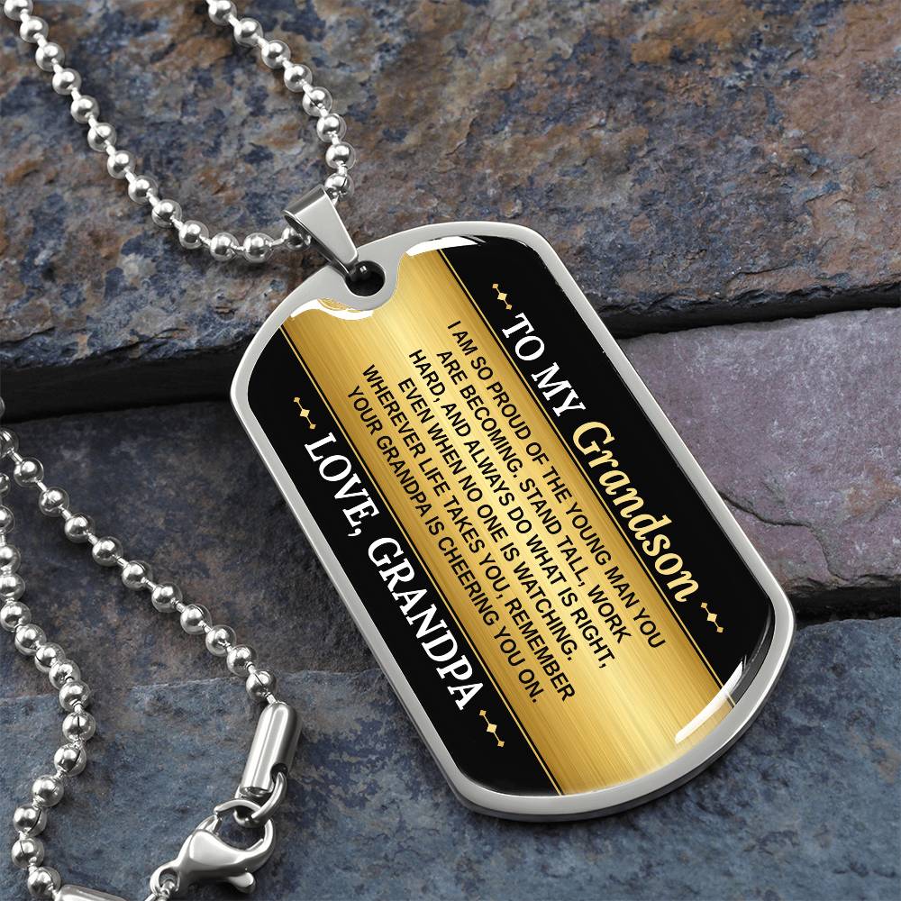 To My Grandson Necklace from Grandpa – silver dog tag necklace on slate with military ball chain