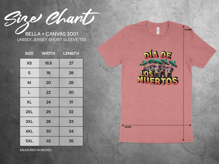 Bella+Canvas 3001 size chart with a skeleton band Dia de los Muertos tee