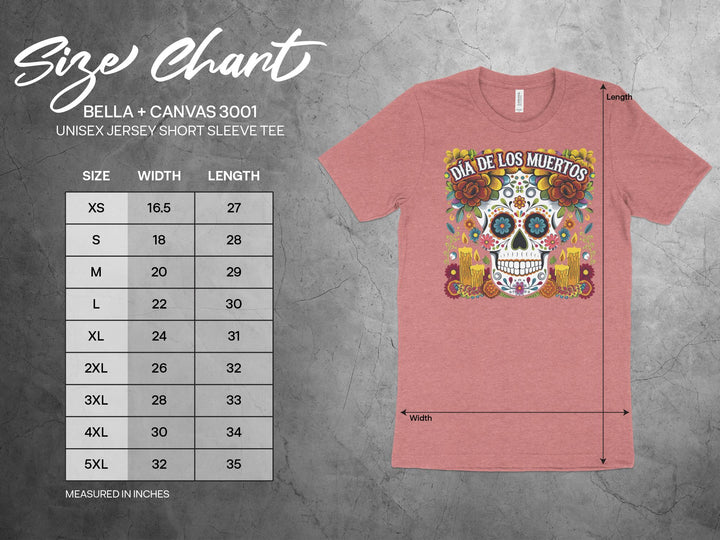 Bella+Canvas 3001 size chart with a floral sugar skull tee