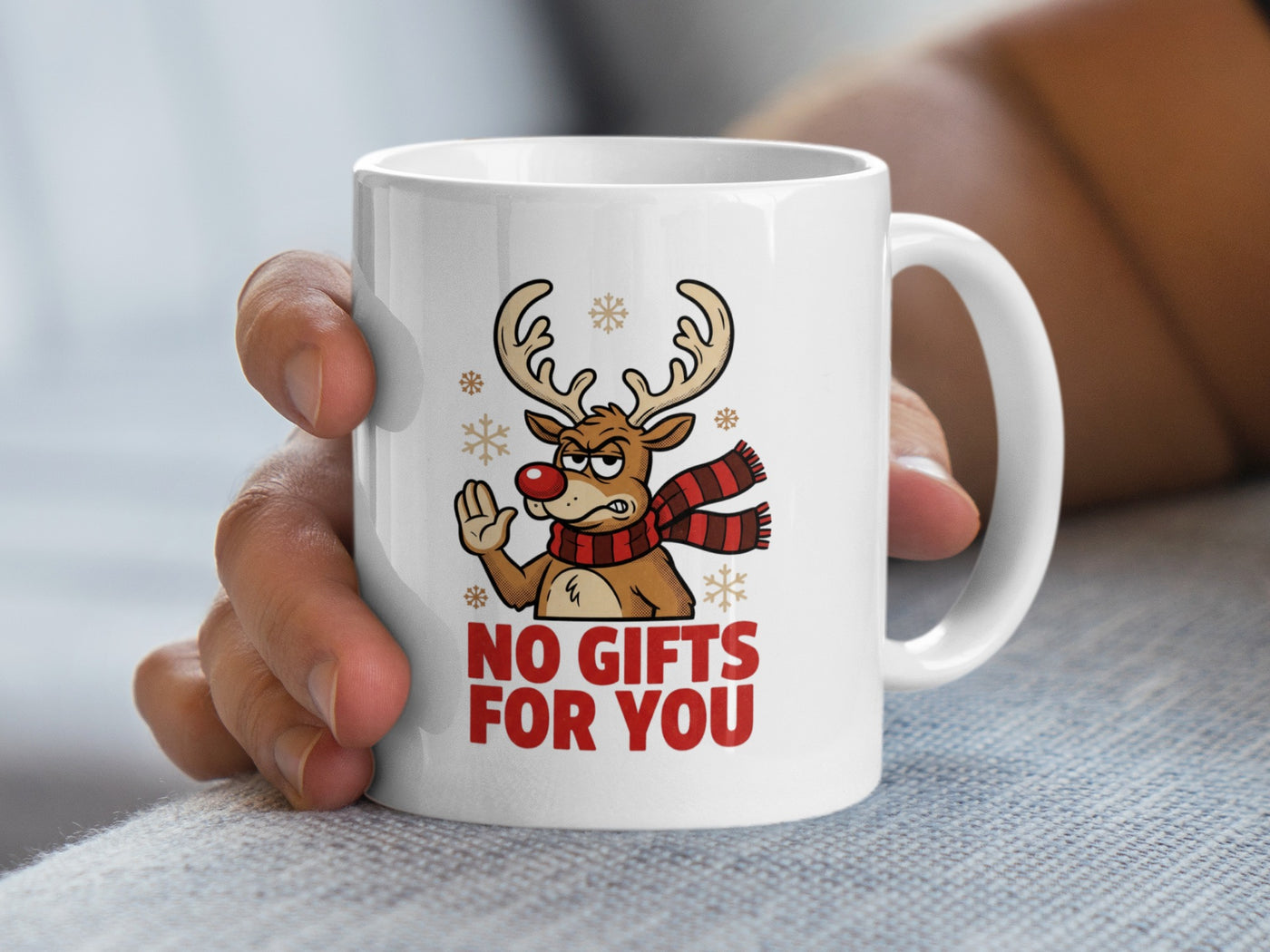 No Gifts For You Reindeer Mug with Snowflakes Design