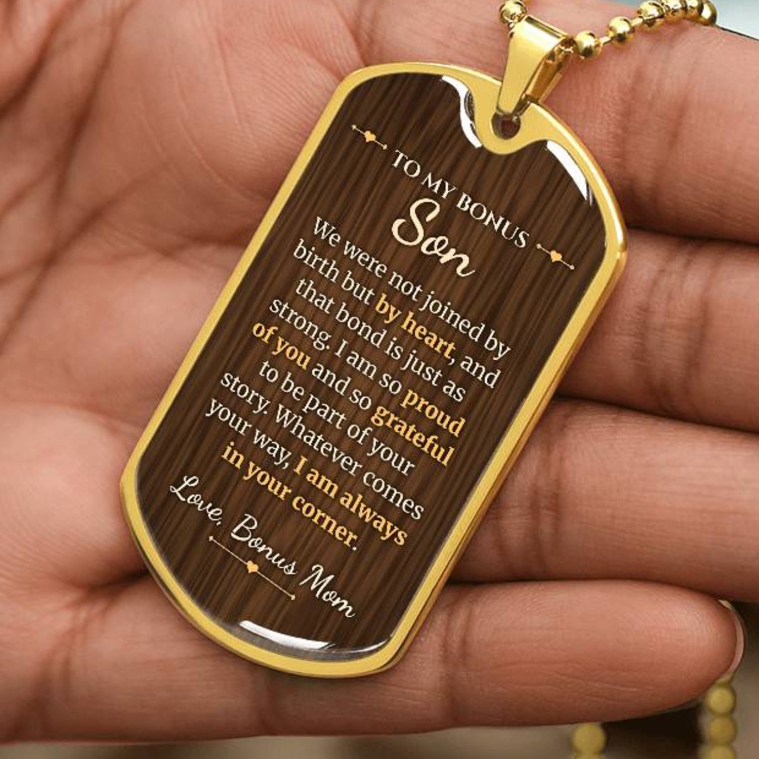 To My Bonus Son Necklace from Bonus Mom – close-up of the dog tag message