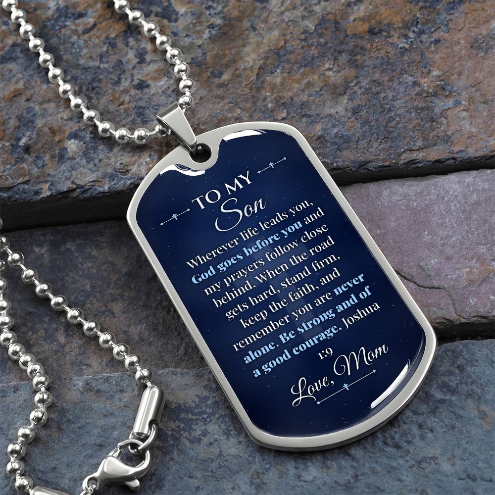 To My Son Necklace from Mom – silver dog tag necklace on slate with military ball chain