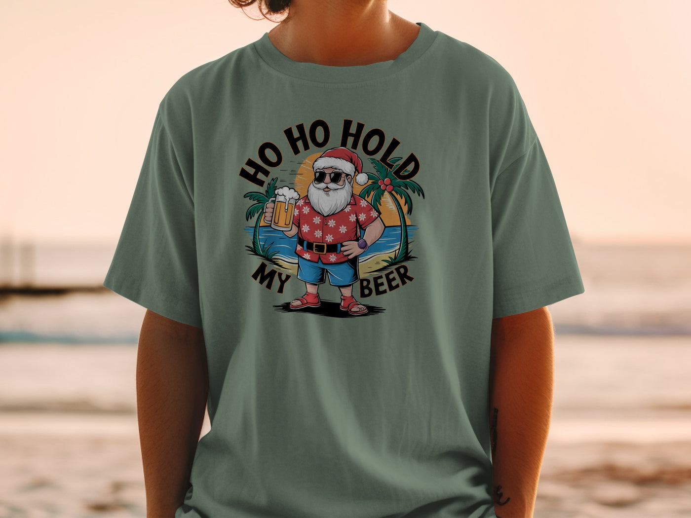 Ho Ho Hold My Beer Funny Santa Beach Christmas Shirt