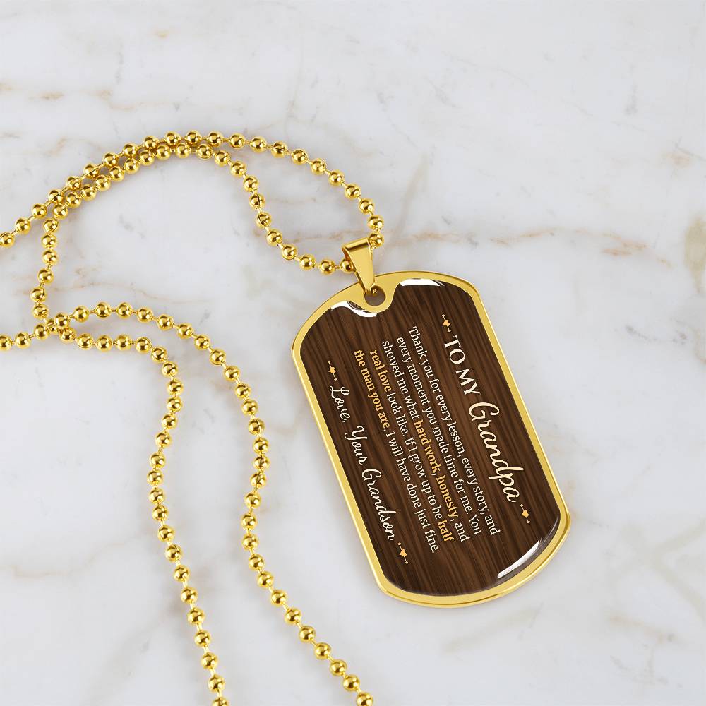 To My Grandpa Necklace from Grandson – 18k gold finish dog tag necklace on white marble