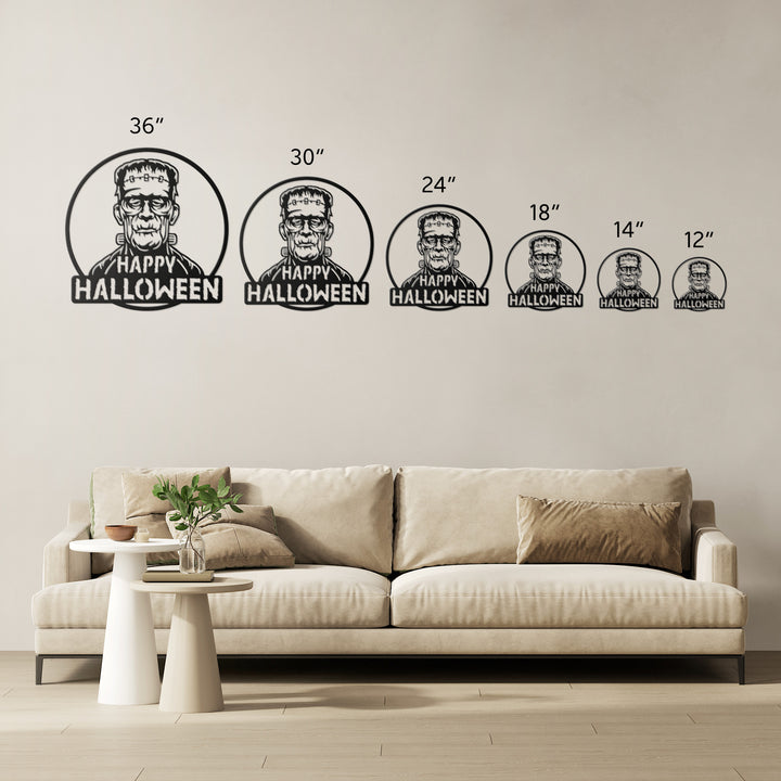 Size comparison of the Frankenstein metal sign from 36 in to 12 in over a sofa