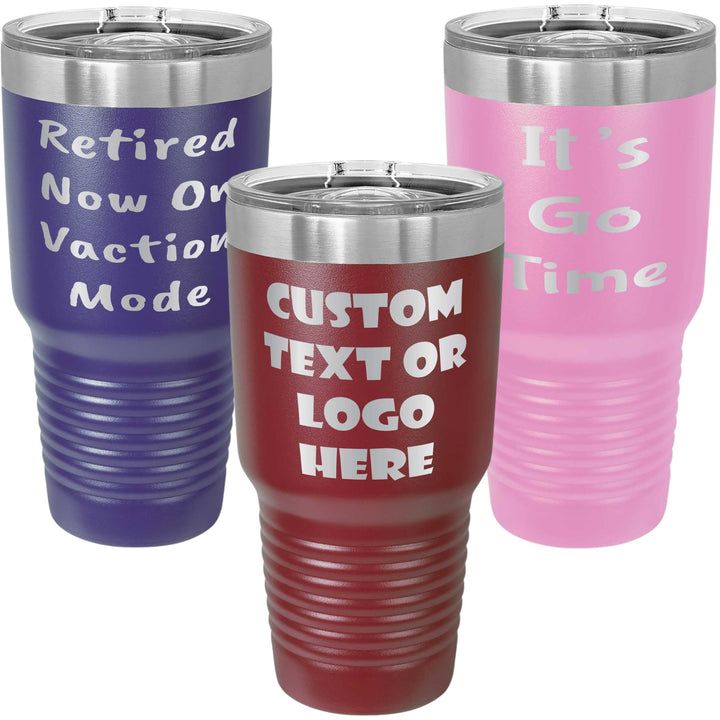 Purple, red and pink 30oz tumblers engraved with Custom Text or Logo Here