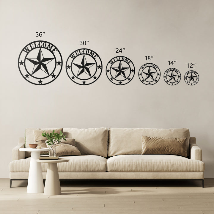 Black Welcome star metal sign size comparison from 36 in down to 12 in over a sofa
