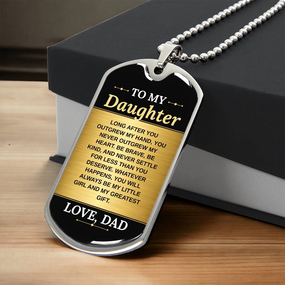 To My Daughter Necklace from Dad – silver dog tag necklace resting on a gift box
