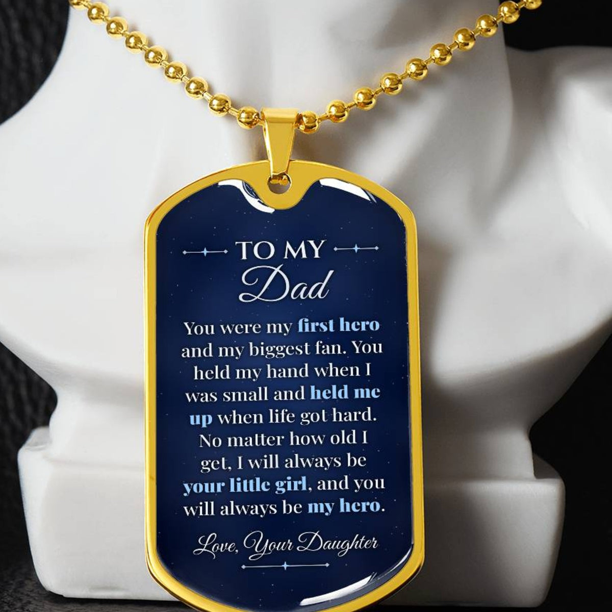 To My Dad Necklace from Daughter – close-up of the dog tag message