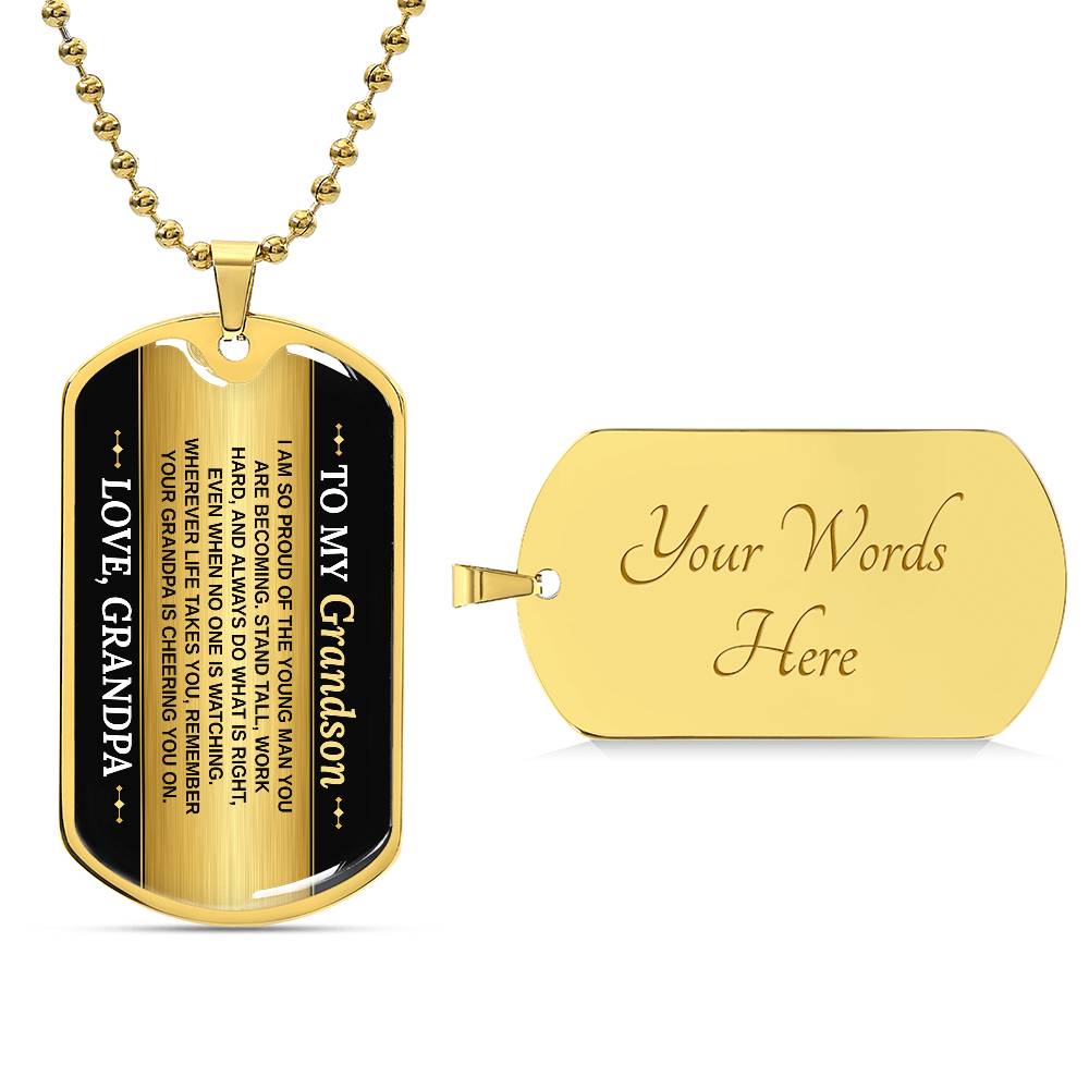 To My Grandson Necklace from Grandpa – 18k gold finish dog tag with optional custom engraving on the back