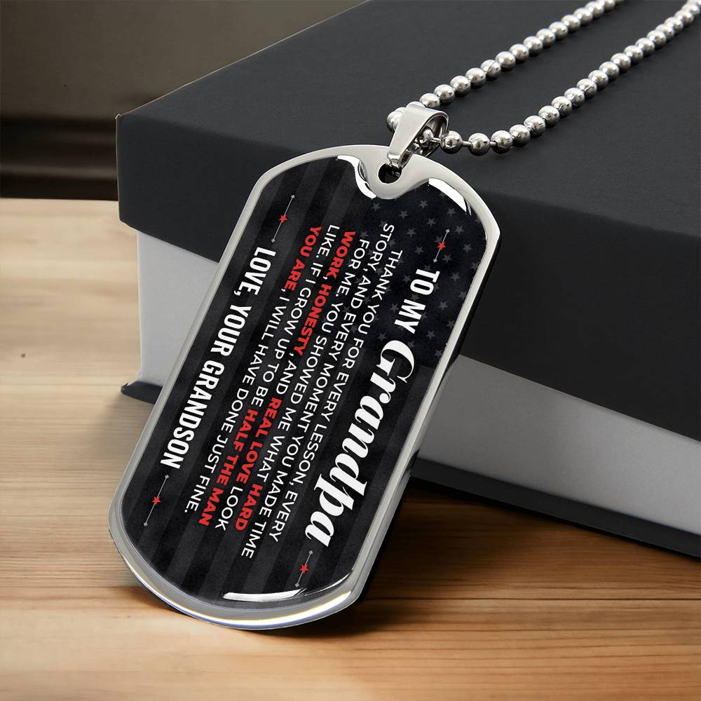 To My Grandpa Necklace from Grandson – silver dog tag necklace resting on a gift box