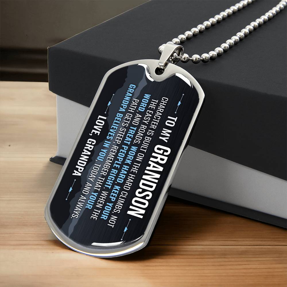 To My Grandson Necklace from Grandpa – silver dog tag necklace resting on a gift box