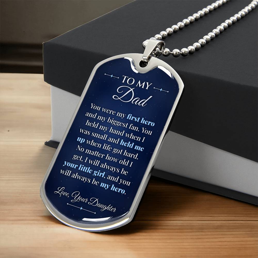 To My Dad Necklace from Daughter – silver dog tag necklace resting on a gift box
