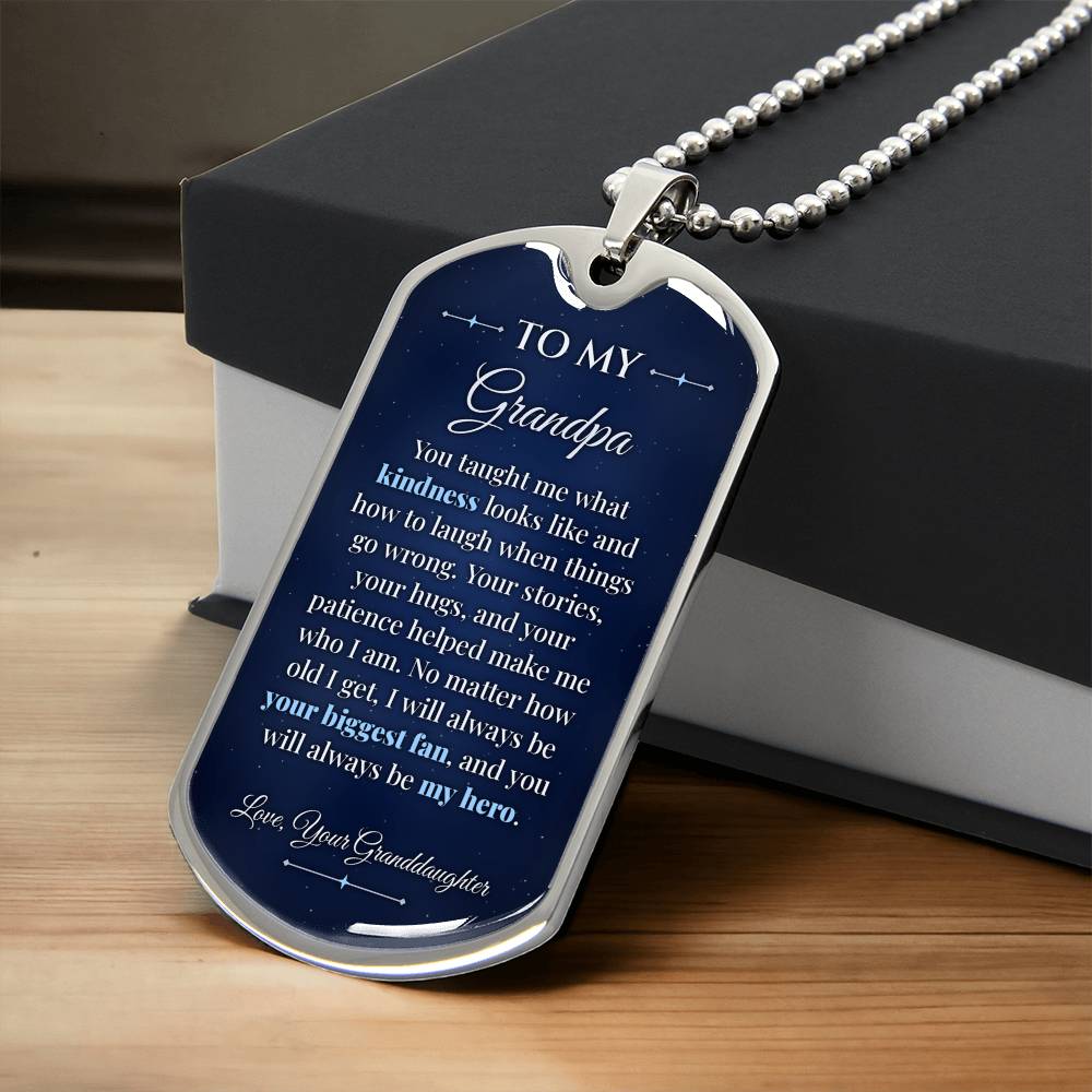 To My Grandpa Necklace from Granddaughter – silver dog tag necklace resting on a gift box