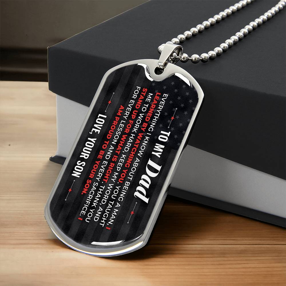 To My Dad Necklace from Son – silver dog tag necklace resting on a gift box