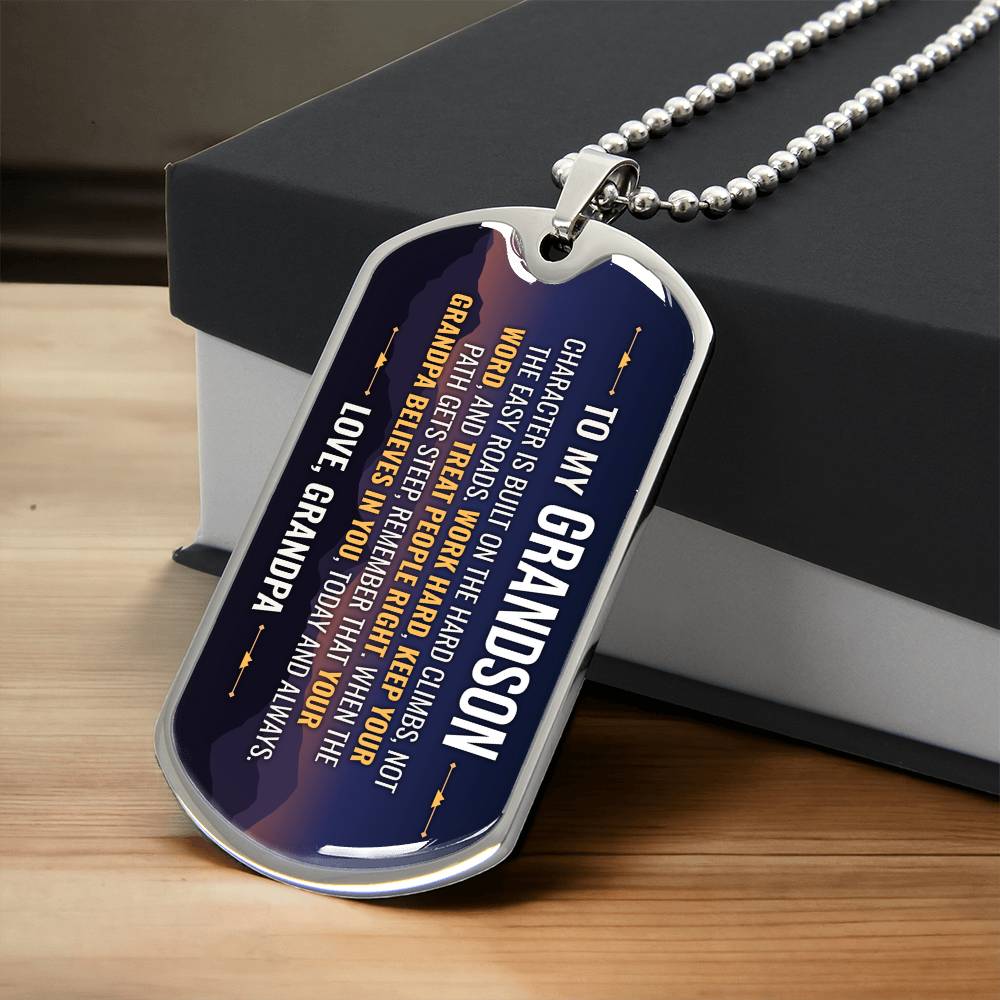 To My Grandson Necklace from Grandpa – silver dog tag necklace resting on a gift box