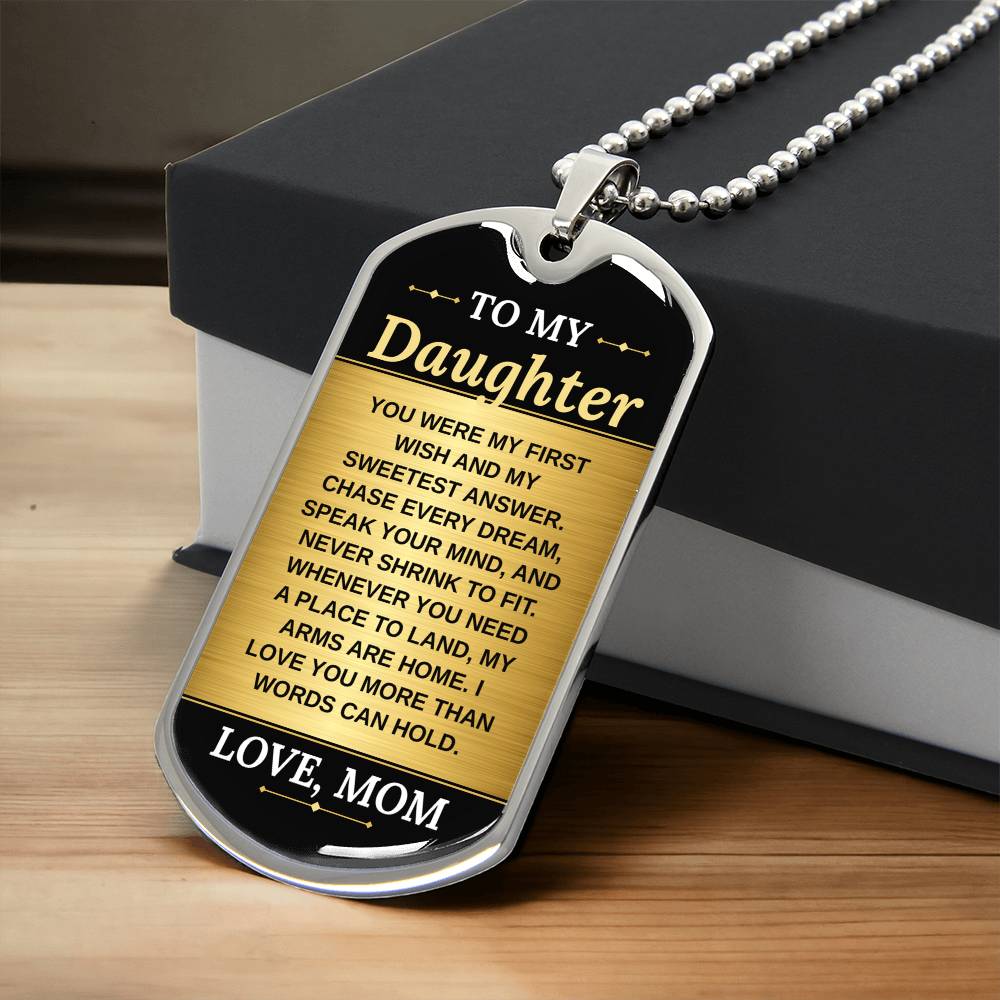 To My Daughter Necklace from Mom – silver dog tag necklace resting on a gift box