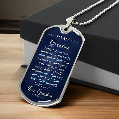 To My Grandson Necklace from Grandma – silver dog tag necklace resting on a gift box