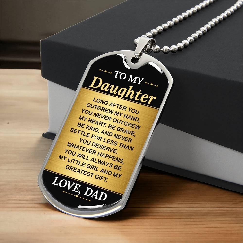 To My Daughter Necklace from Dad – silver dog tag necklace resting on a gift box