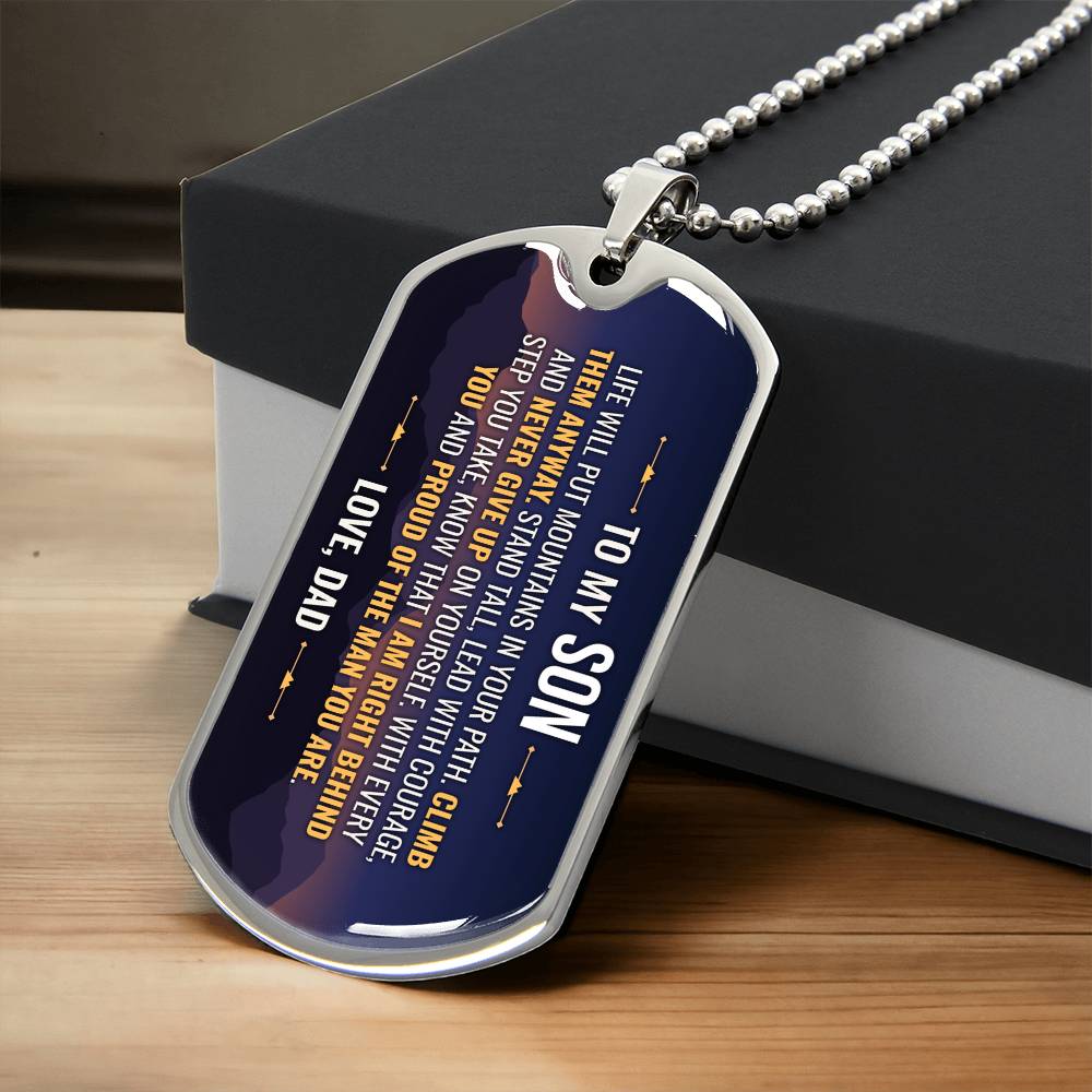 To My Son Necklace from Dad – silver dog tag necklace resting on a gift box