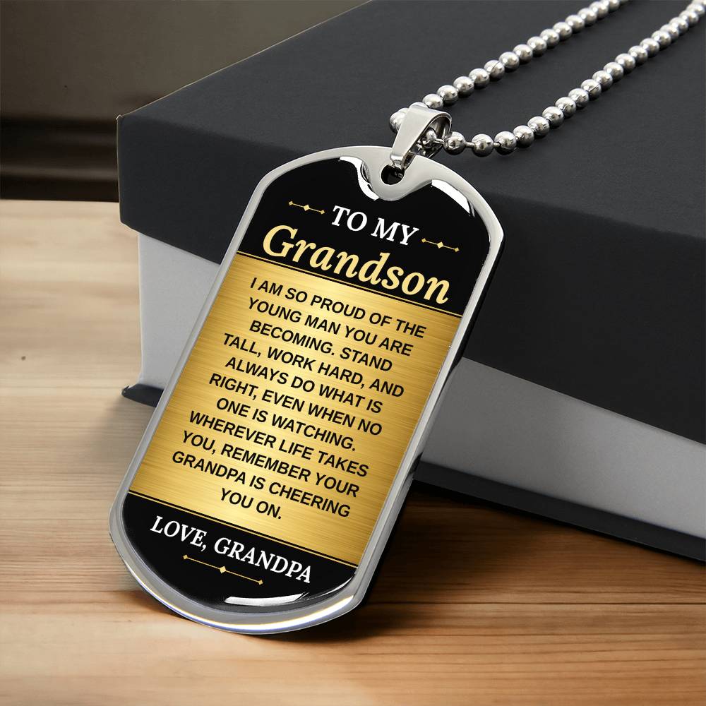 To My Grandson Necklace from Grandpa – silver dog tag necklace resting on a gift box