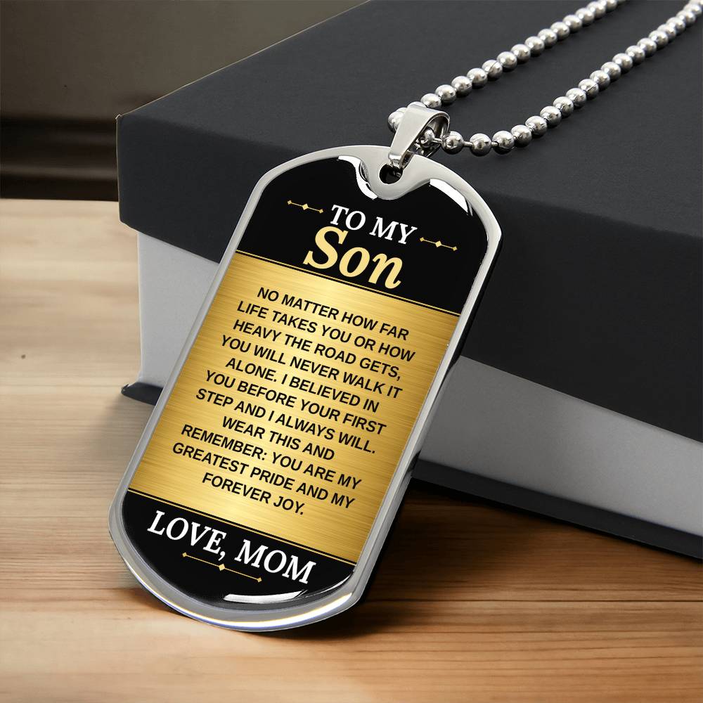 To My Son Necklace from Mom – silver dog tag necklace resting on a gift box