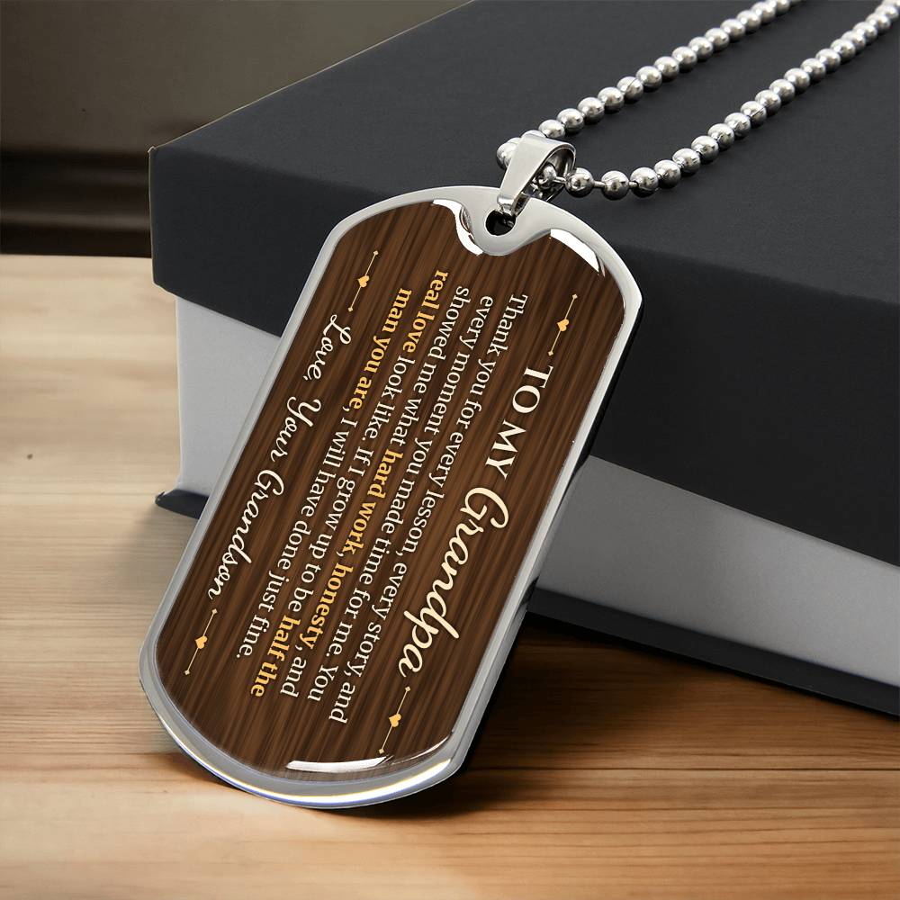 To My Grandpa Necklace from Grandson – silver dog tag necklace resting on a gift box