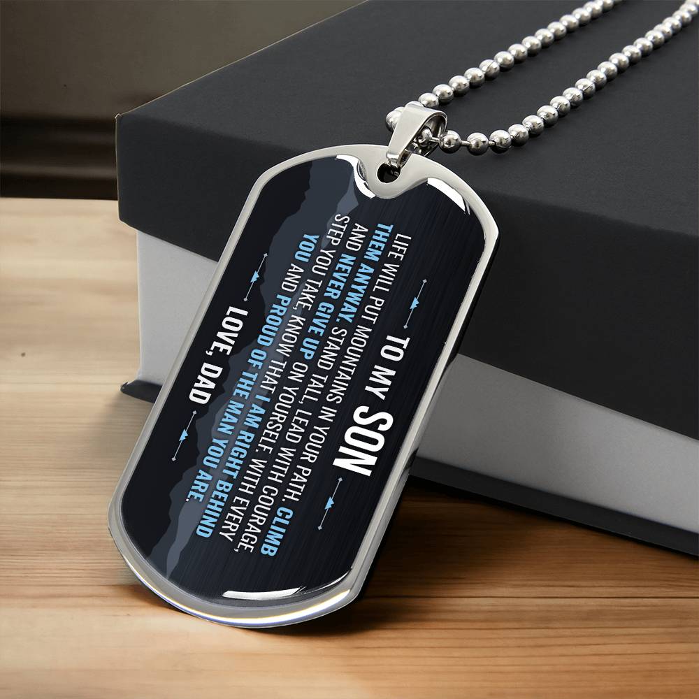 To My Son Necklace from Dad – silver dog tag necklace resting on a gift box