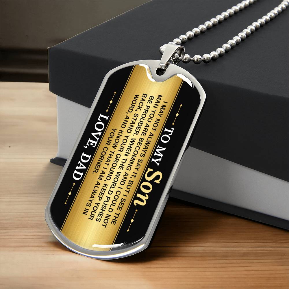 To My Son Necklace from Dad – silver dog tag necklace resting on a gift box