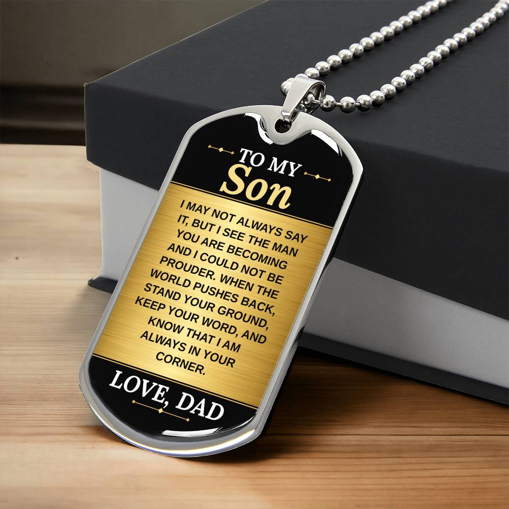 To My Son Necklace from Dad – silver dog tag necklace resting on a gift box
