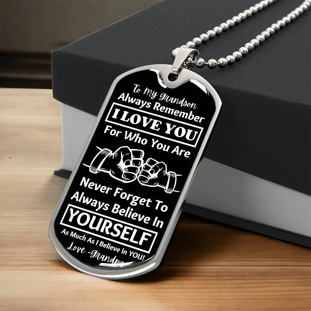 To My Grandson, From Grandpa Dog Tag – silver dog tag necklace resting on a gift box