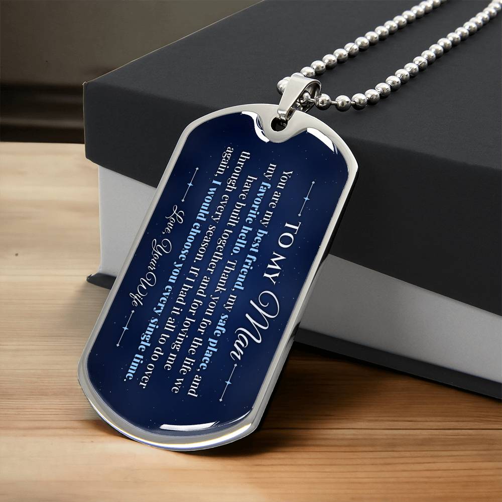 To My Man Necklace from Wife – silver dog tag necklace resting on a gift box