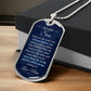 To My Son Necklace from Mom – silver dog tag necklace resting on a gift box