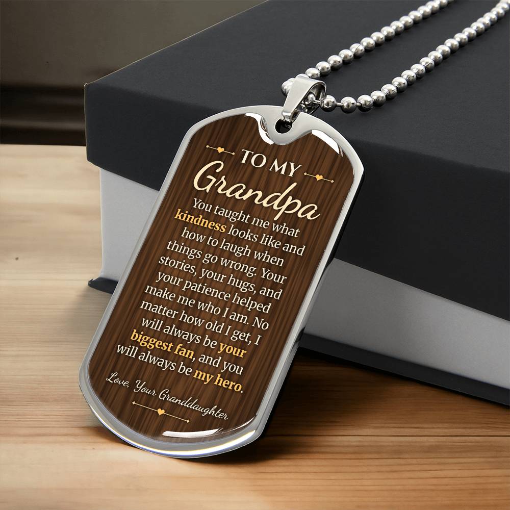 To My Grandpa Necklace from Granddaughter – silver dog tag necklace resting on a gift box