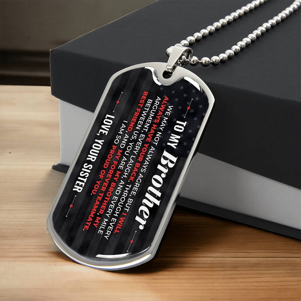 To My Brother Necklace from Sister – silver dog tag necklace resting on a gift box