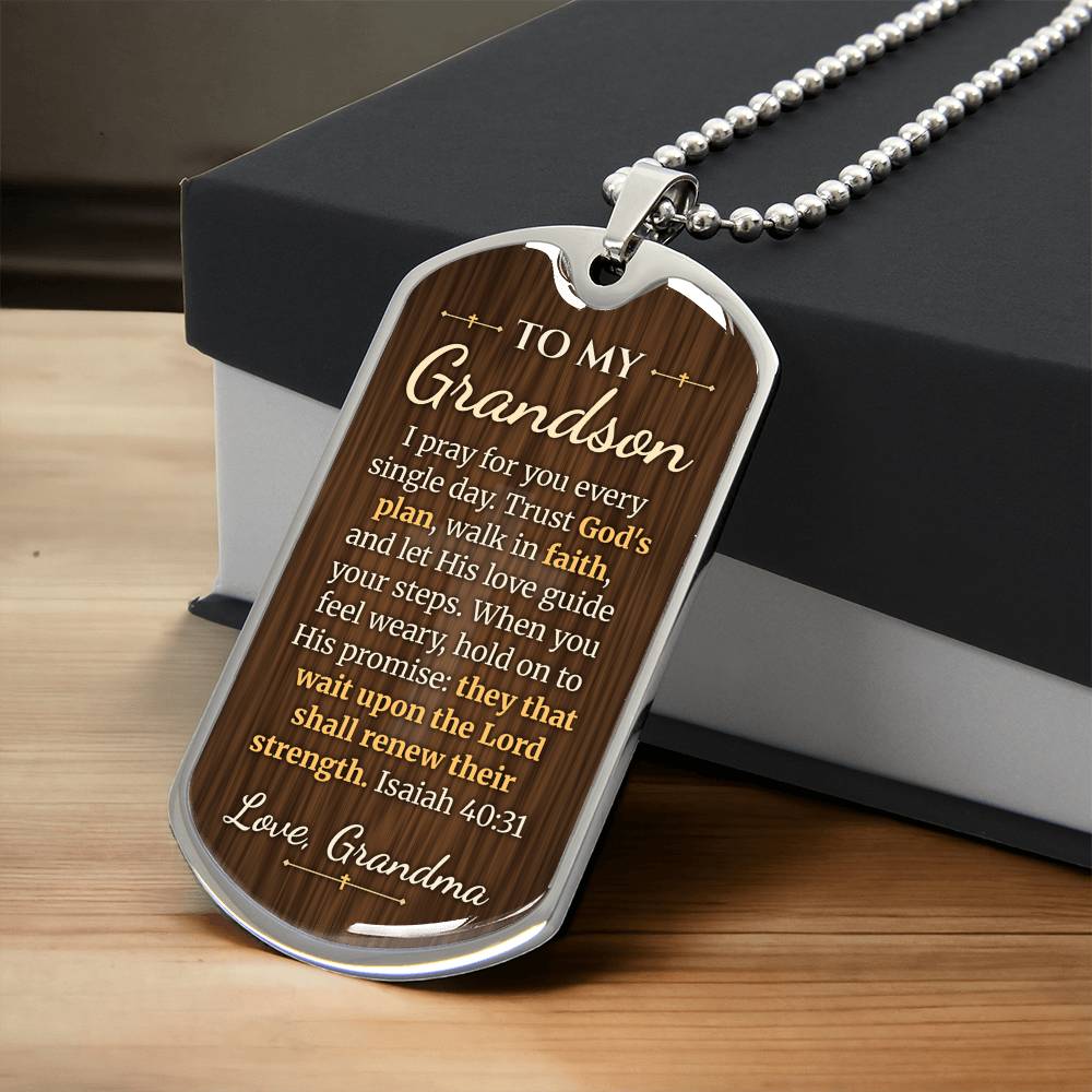 To My Grandson Necklace from Grandma – silver dog tag necklace resting on a gift box