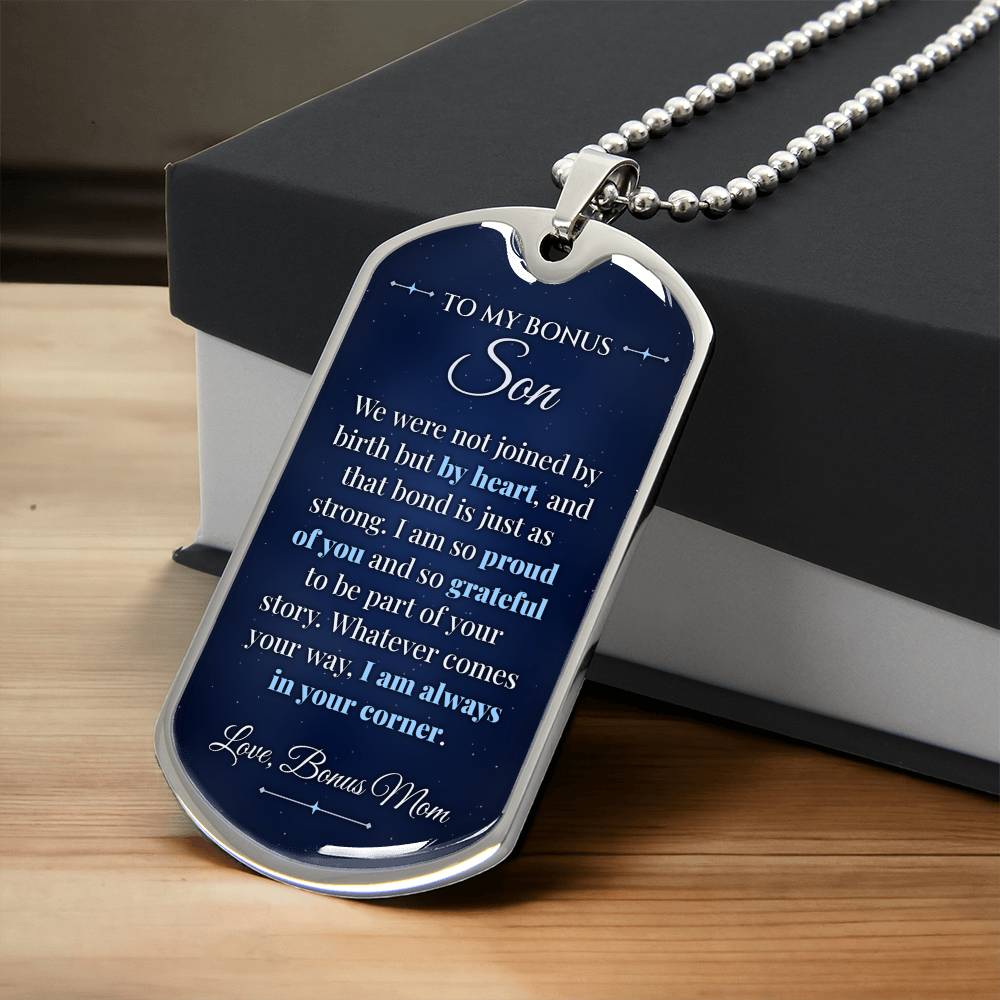 To My Bonus Son Necklace from Stepmom – silver dog tag necklace resting on a gift box