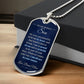 To My Bonus Son Necklace from Stepmom – silver dog tag necklace resting on a gift box