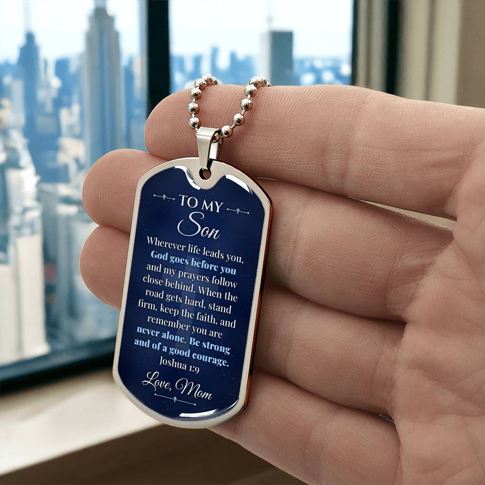 To My Son Necklace from Mom – silver dog tag held in hand to show size
