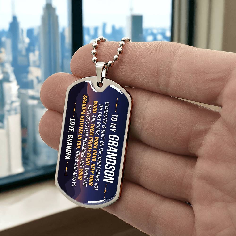 To My Grandson Necklace from Grandpa – silver dog tag held in hand to show size