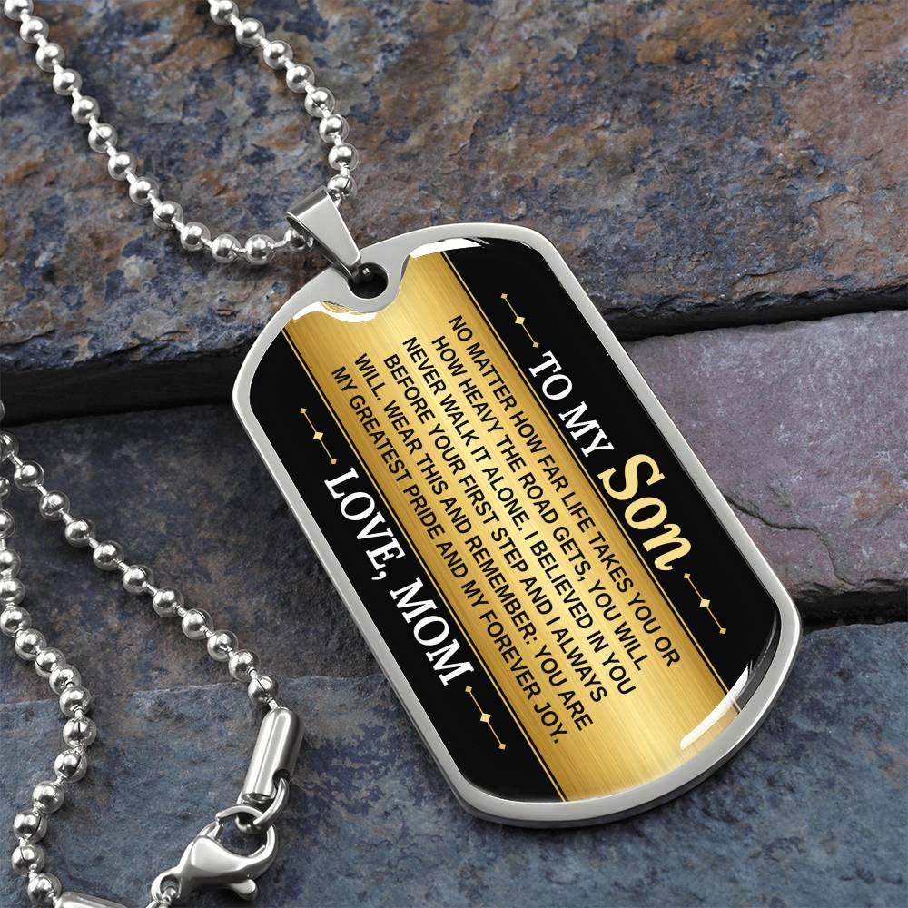To My Son Necklace from Mom – silver dog tag necklace on slate with military ball chain