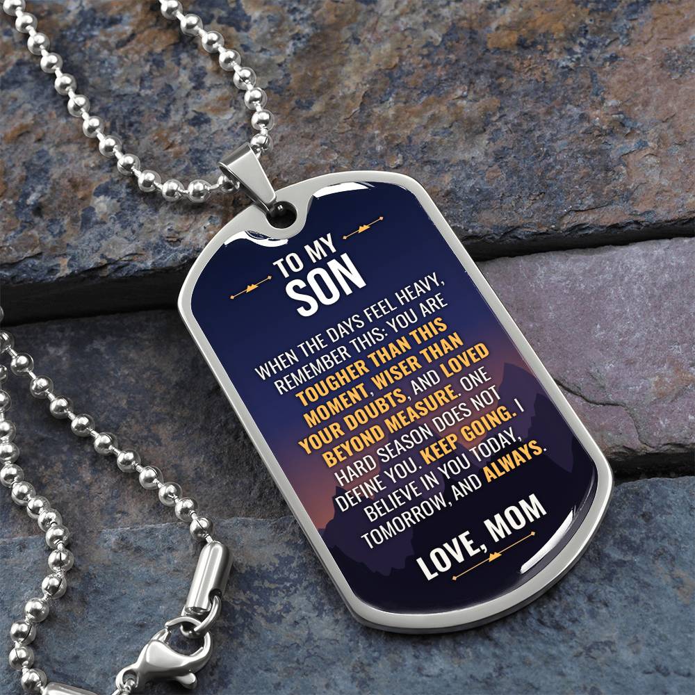 To My Son Necklace from Mom – silver dog tag necklace on slate with military ball chain
