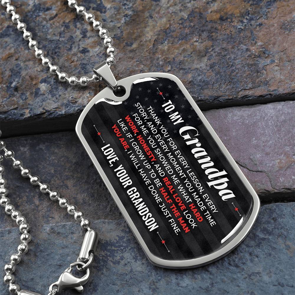 To My Grandpa Necklace from Grandson – silver dog tag necklace on slate with military ball chain