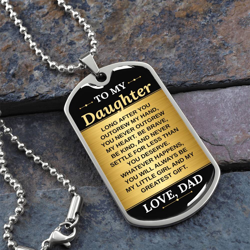 To My Daughter Necklace from Dad – silver dog tag necklace on slate with military ball chain