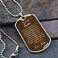To My Son Necklace from Mom – silver dog tag necklace on slate with military ball chain