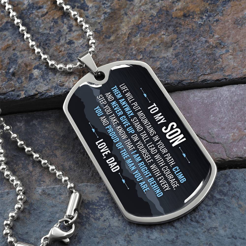 To My Son Necklace from Dad – silver dog tag necklace on slate with military ball chain