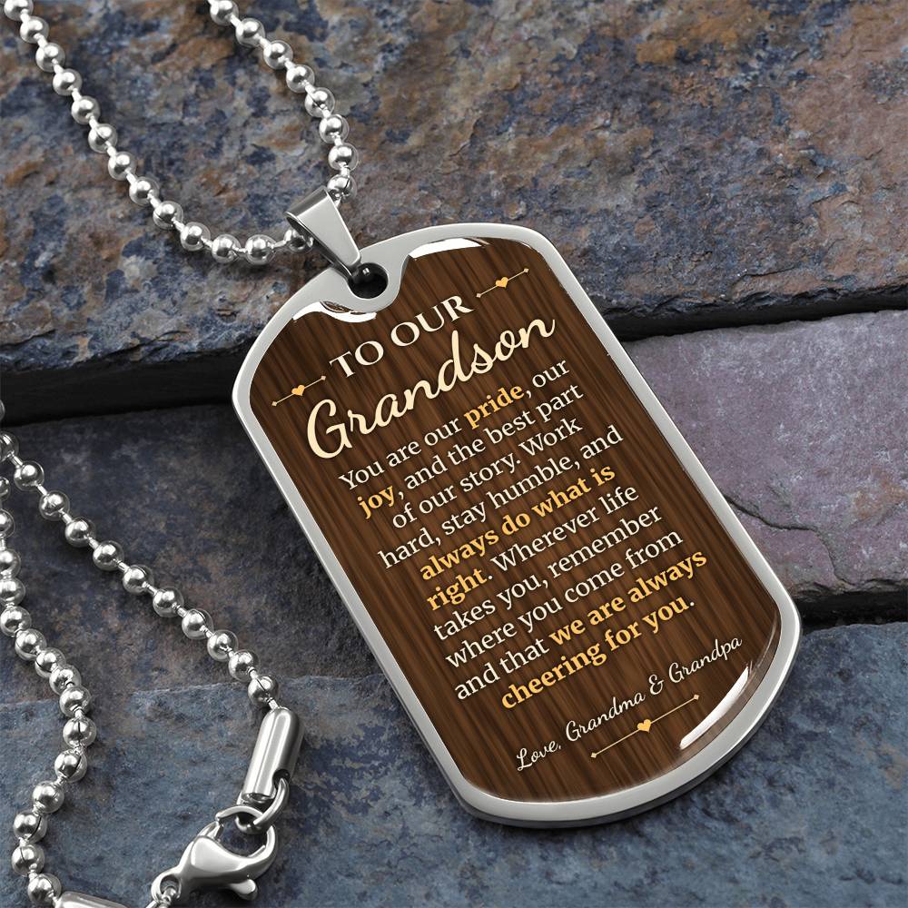 To Our Grandson Necklace from Grandma & Grandpa – silver dog tag necklace on slate with military ball chain