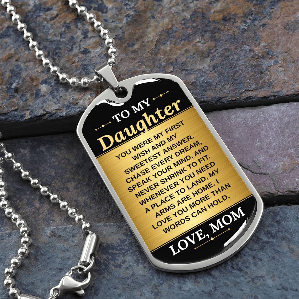 To My Daughter Necklace from Mom – silver dog tag necklace on slate with military ball chain