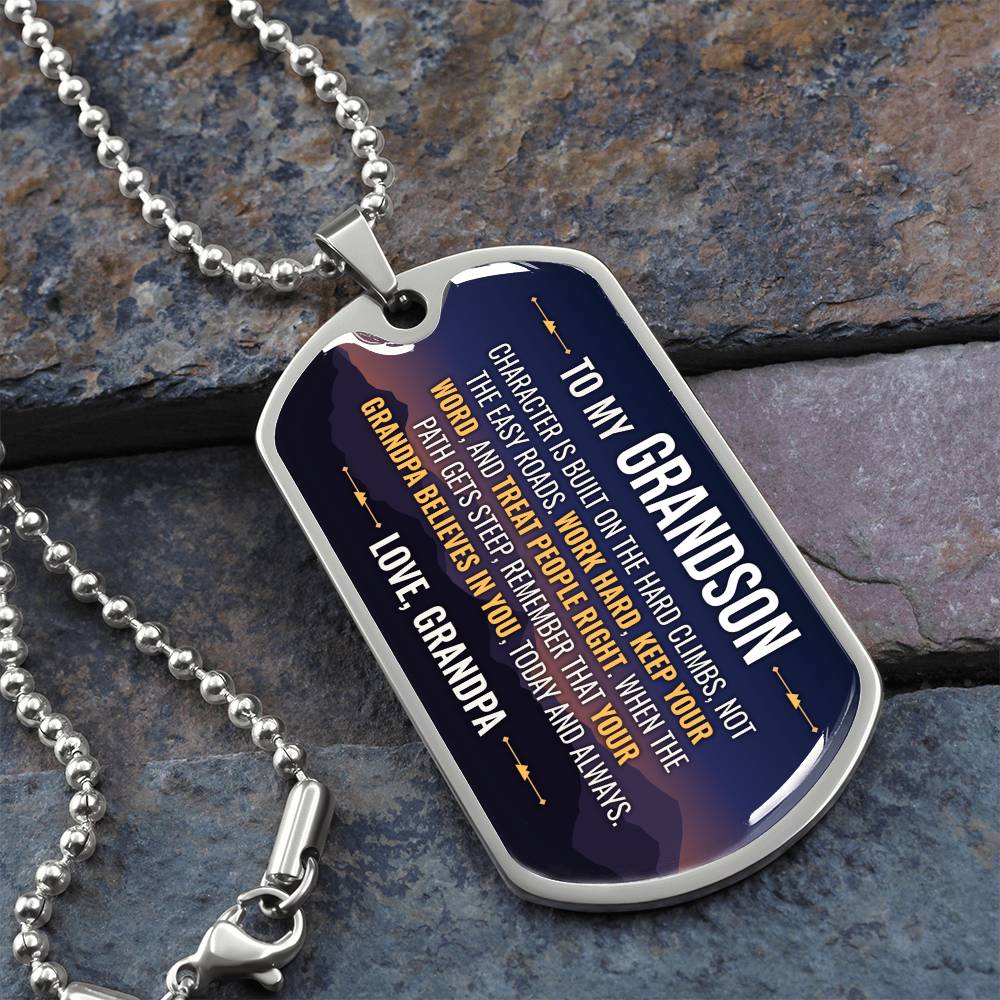 To My Grandson Necklace from Grandpa – silver dog tag necklace on slate with military ball chain