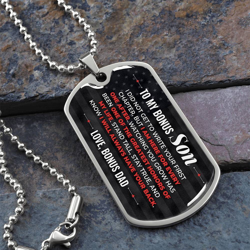 To My Bonus Son Necklace from Stepdad – silver dog tag necklace on slate with military ball chain